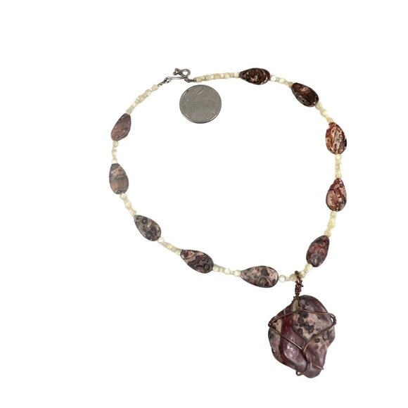 Handcrafted Leopard Skin Jasper & Pearl Necklace With Copper Wire Wrap Pendant - Picture 5 of 7